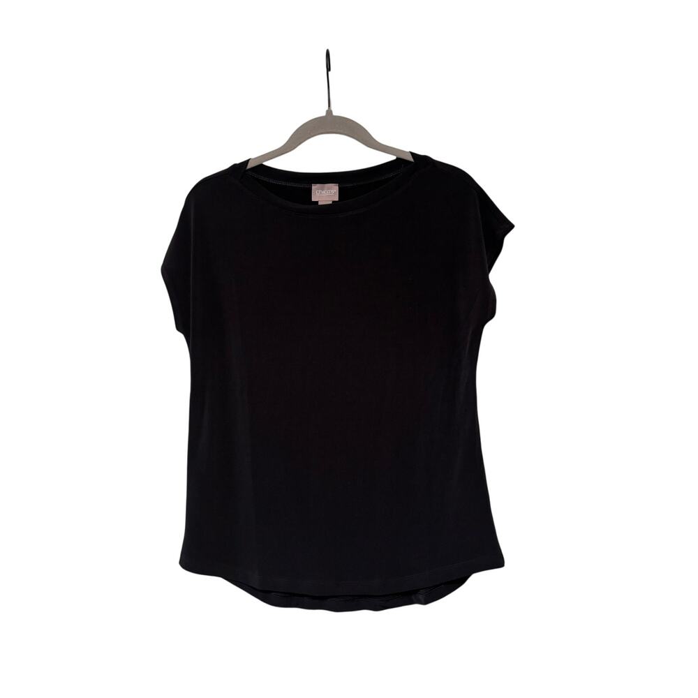 Chico's Women's Black Boat Neck Cap Sleeve Stretch Top Size 0 - Picture 2 of 7